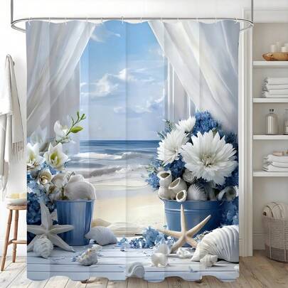 花卉图案防水浴帘，带12个挂钩，适用于房间、家庭、酒店，可机洗，防水浴室帘，半透明，不遮光