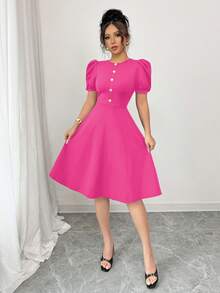 Women's Casual Solid Color Button Lantern Sleeve Short Dress Elegant Summer - Hot Pink - View 5
