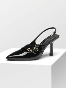 Women's Kitten Heel Slingback Pumps - Pointed Toe Buckle Strap Elegant Heels For Wedding, Party & Dress Occasions - màu đen - Xem 6