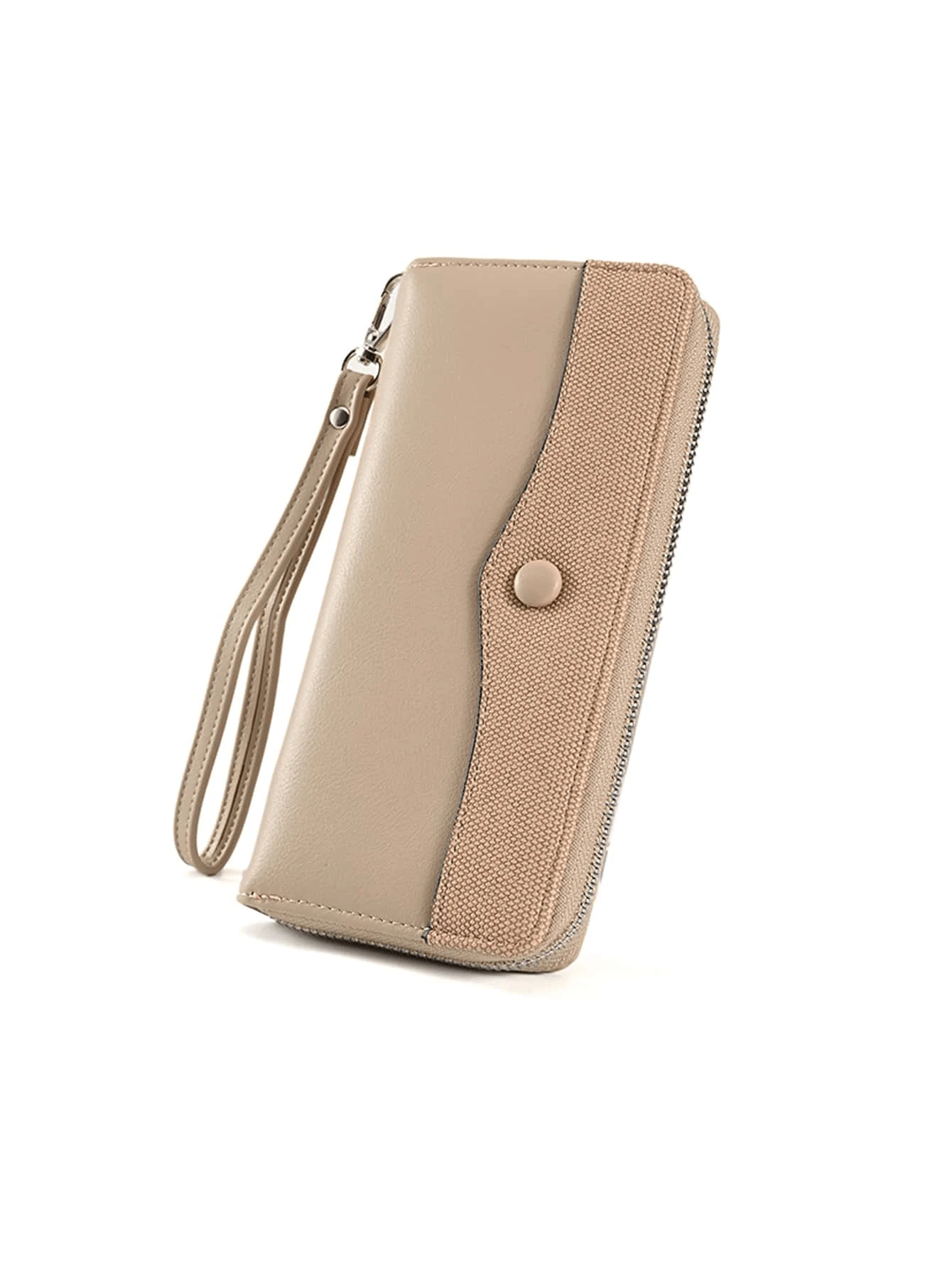 New PU Leather Long Wallet With Button Decoration Multi-Card Slots For Bills Cards Coins Zipper Opening Design Wristband Strap Almond Color For Women Wallet Mini Wallet Purse Wallet Wristlet Wallet Wallet - Apricot - View 1