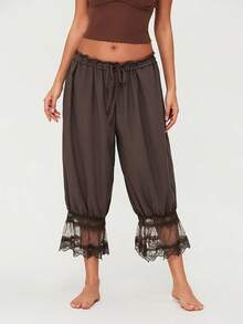 Women Y2K Half Slip Under Dress Pettipants Mid Rise Lace Patchwork Bloomers Trousers Ruffle Pantaloons Cropped Flared Pants Cute Pumpkin Long Pants - màu nâu - Xem 1