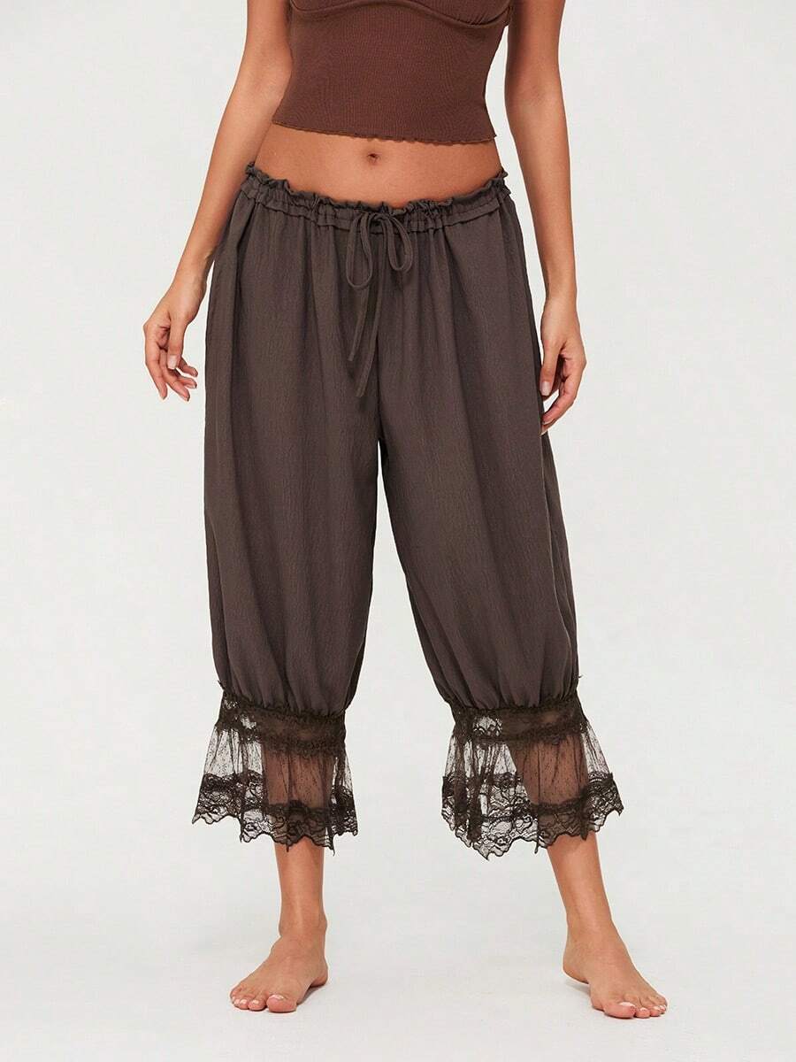 Women Y2K Half Slip Under Dress Pettipants Mid Rise Lace Patchwork Bloomers Trousers Ruffle Pantaloons Cropped Flared Pants Cute Pumpkin Long Pants - màu nâu - Xem 1