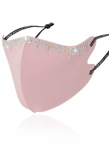 Rhinestone Decorated Fringe Thin Breathable Ice Silk Face Mask With Crystals,Solid Color Sun Protection,Summer