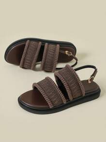 Sandales à semelle épaisse à boucle, compensées à bout ouvert pour l'extérieur et la plage, style bohème rétro, semelles souples et antidérapantes, confortables et pas fatiguantes, en mailles tressées marron avec franges, compensées de sport casual, nouvelle collection printemps automne 2025, grande taille femme 41-43