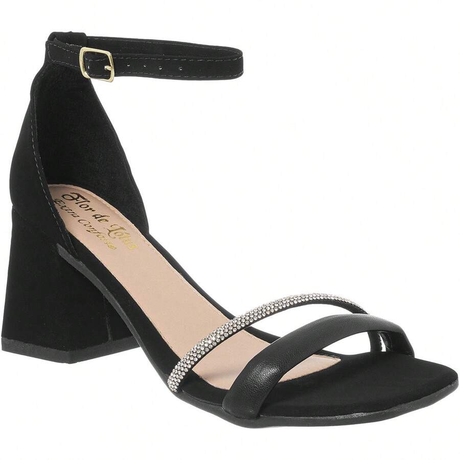 Women's Sandal With Rhinestones On The Front, 1 Synthetic Strap, Thick Heel, Comfort, Party, Shine - 黑色 - 查看 1