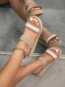 Giày sandal đế xuồng đế xuồng cho nữ, đế xuồng có dây thun mũi sò, màu sắc đơn giản, đi biển mùa hè, đi chơi ngoài trời, giày sandal kaki màu nâu tối giản - Màu Khaki - Xem 2