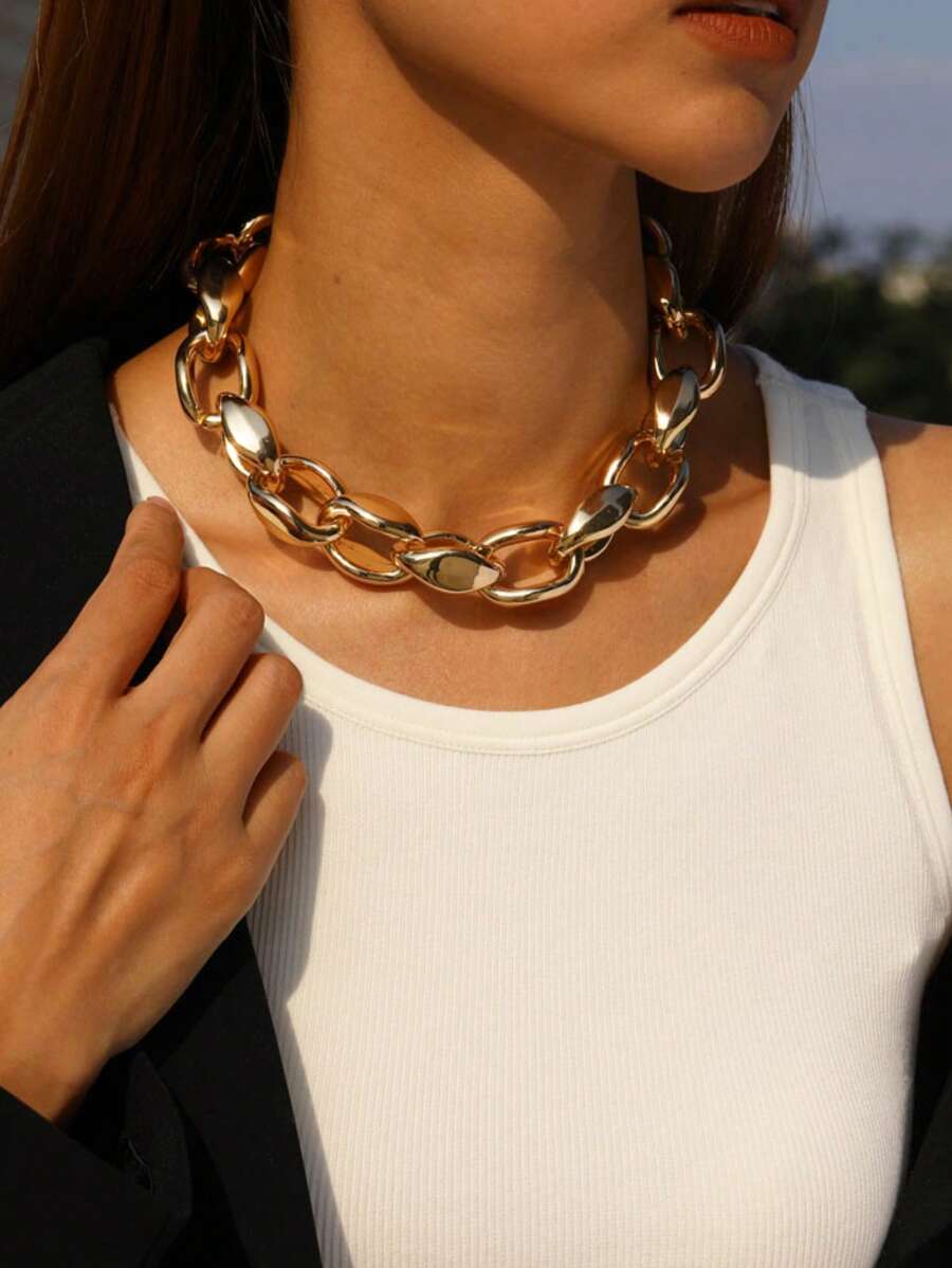 1pc Women's Punk Style Chunky Metal Chain Necklace, Simple & Chic - Gold - View 1