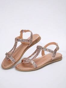 Wedge Sandals For Women With Round Toe,Glitter,Ankle Strap,Buckle - Rose Gold - View 9