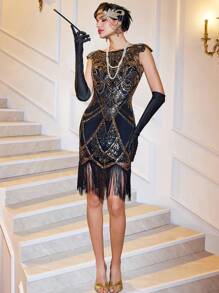 Elegant And Sexy Gatsby Ball Gown Tassel Sequin Shiny Round Collar And Knee Hip Dress, Party Dress, Wedding Guest Dress, Prom Dress - Black Gold - View 3