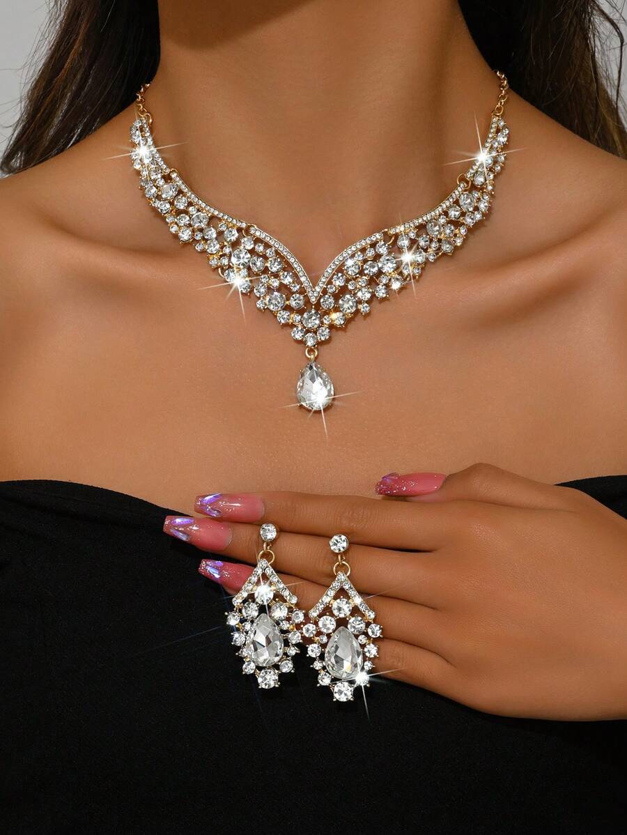 2 件/套 2024 春季新款时尚项链和耳环首饰套装女士欧美优雅奢华水钻装饰晚装项链耳环新娘婚礼配饰