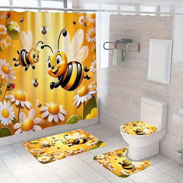 4pcs Bathroom Set: Cute Yellow Bee & Floral Design Flannel Soft Bath Mat, Shower Curtain, U-Shaped Toilet Mat, Anti-Slip Bathroom Rug Home Bathroom Decor Fall Decor Bathroom Accessories Back To School