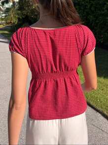 Women Y2k Short Sleeve Tops Slim Button-Up V Neck Puff Sleeve T Shirt For Teen Girls Going Out Tops Casual Summer Clothes Streetwear Fairy Grunge Gothic Clothes - 紅色 - 查看 6