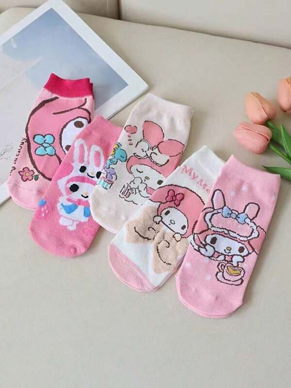 Sanrio 5 Pairs Women Sanrio Cartoon Cute Anime Pink Series My Melody Mid-Calf Soft Breathable Daily Wear Boat Socks