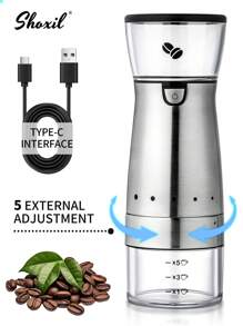 shoxil 1pc Electric Coffee Grinder, Portable USB Rechargeable Coffee Grinder, Large Capacity 60g Ceramic Burr Espresso Grinder, External Adjustment Coffee Bean Mill With 5 Precise Grind Settings, For Home, Office, Travel