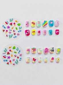 2 Box Of 24pcs Nails, Press On Nails, Cute Cartoon Fake Nails With Nail Stickers For Children, Waterproof Nail Stickers, Colored Nail Stickers, Party Toys, Birthday Gifts.