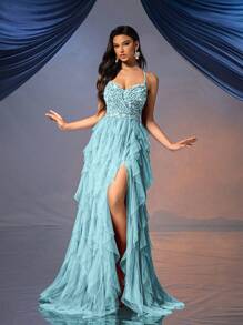 Elisanya Vestido formal de estilo hada para mujer, vestido de noche romántico para bodas, fiestas, eventos de caridad. Vestido de gala de color liso sin espalda con lentejuelas y de tul - Azul menta - Ver 1