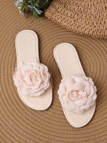 1 Pair 2025 Summer New Transparent Strap Pearl Flower Decor Casual Fashion Elegant Slide Sandals For Youth - Beige - View 3
