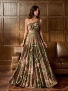 优雅雪纺晚礼服，不对称领口设计，A字裙摆——完美适用于正式晚宴、红毯盛会、奢华婚礼、艺术画廊活动、派对礼服、婚礼宾客礼服、正式礼服、晚礼服、度假必备单品。 - 軍綠色 - 查看 7