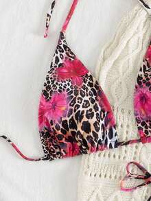 2 件豹纹花卉印花性感露背系带比基尼泳衣，波西米亚风格，度假沙滩装，夏季