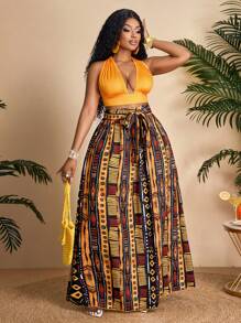 BIUBIU Women's Plus Size Vacation Wear,Tight-Fitting Halterneck Halter Top & Wide Leg Pants Two Pieces Set, Summer (Random Print)