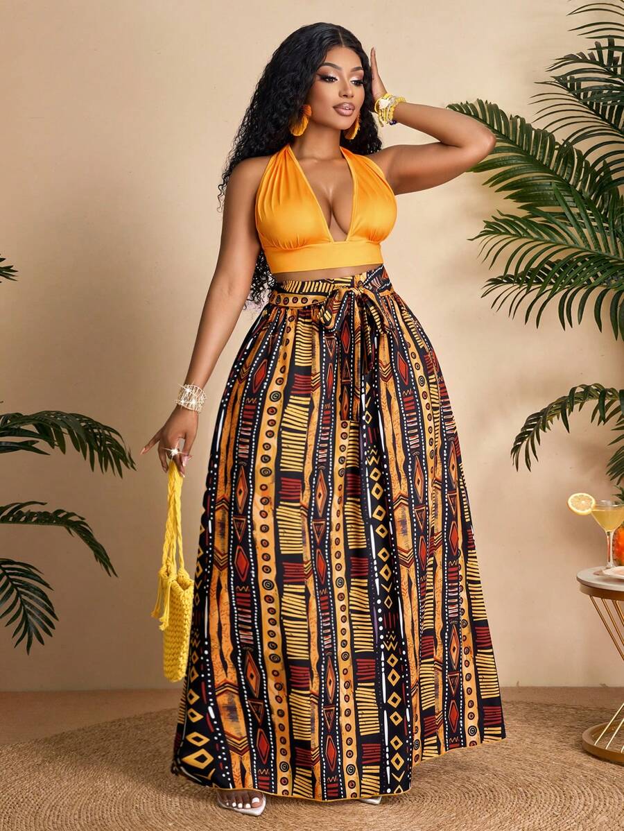 BIUBIU Women's Plus Size Vacation Wear,Tight-Fitting Halterneck Halter Top & Wide Leg Pants Two Pieces Set, Summer (Random Print)