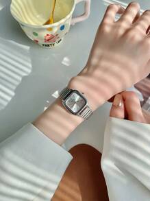 1 pieza Reloj de mujer de acero inoxidable plateado cuadrado clásico y elegante con movimiento de cuarzo. Esfera multicolor apto para uso diario. Como regalo para estudiantes - Unitalla - Ver 14