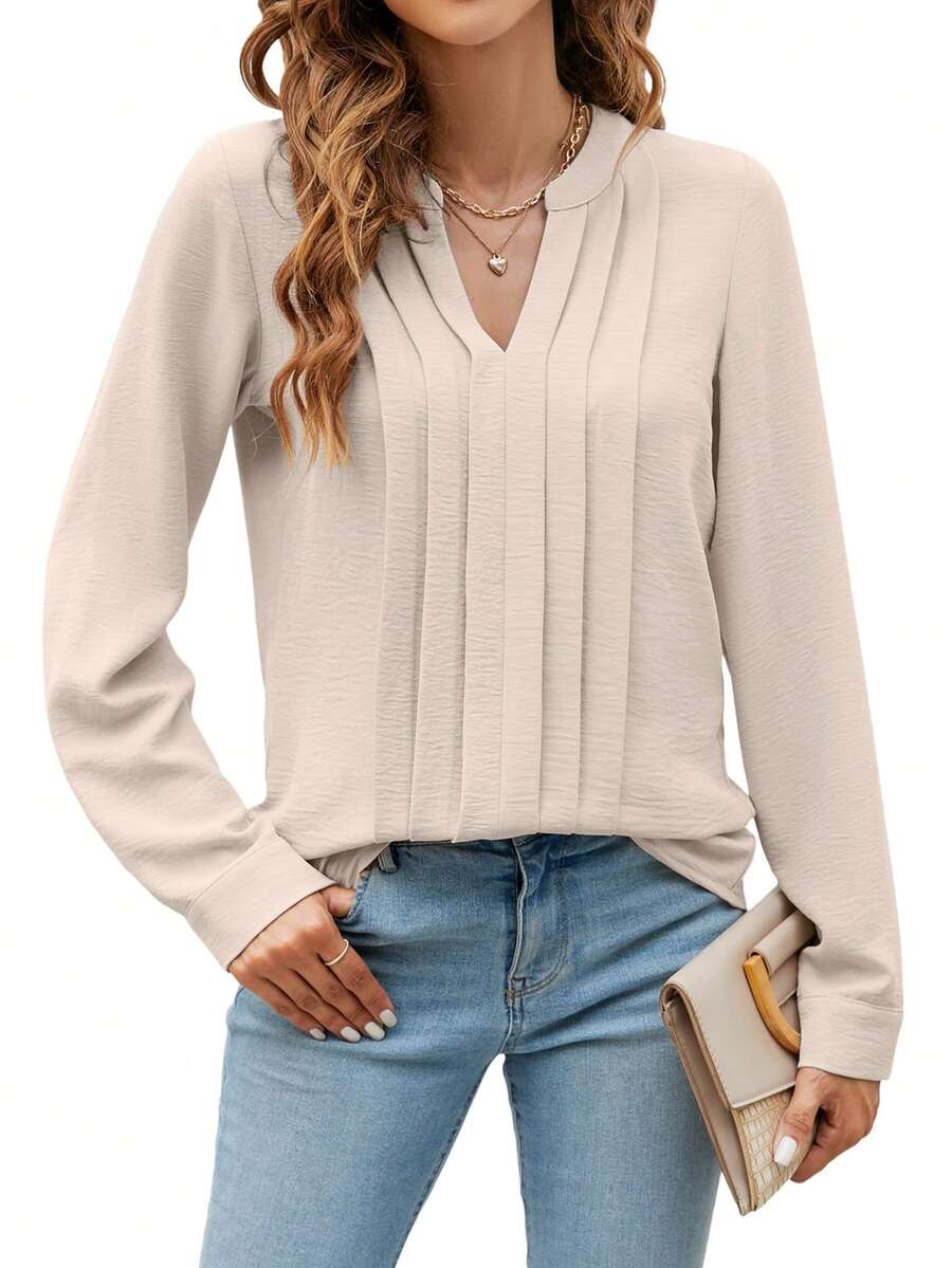 Elegante Damen Bluse in einfarbigem V-Ausschnitt mit gestreifter Vorderseite und Langarm, für Frühling/Sommer - Khaki - Übersicht 1