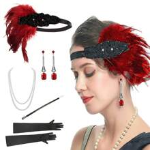 1 Set Of 5pcs 1920s Style Women's Flapper Accessories, Including Headband, Bracelet And Ring, Suitable For Roaring 20s Party, Celebrations And Birthday, Zinc Alloy And Feathers Prom Halloween - Red - View 7