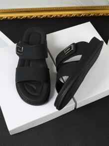 Men's Double Strap Design: Soft Bottom Comfortable, Thick Outsole With Rough Line, Adjustable Non-Slip, Fashionable And Personalized, Buckle Slip-On, Summer Travel Essentials - Black - View 4