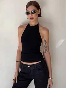 Top de tirantes finos ajustado y sin espalda, top de ajuste ceñido para capas, otoño/invierno - Negro - Ver 1