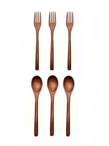 3/6 件高品质 3 件木制餐具套装 - 勺子、长柄日式叉子和筷子，非常适合搅拌水果和燕麦片 - 非常适合家庭聚会和节日庆祝活动、学校用品