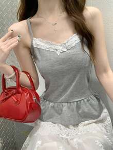 夏季韩版简约性感芭蕾风格蕾丝边露背吊带背心 T 恤上衣 - 灰色 - 查看 6