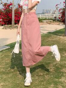 女式可调节腰部休闲复古水洗开衩中长牛仔半身裙，宽松修身