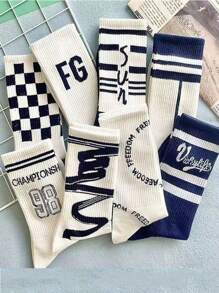 5 Pairs Men's Breathable Mid-Calf Socks With Line And Letter Pattern, Random Delivery - Multicolor - View 1
