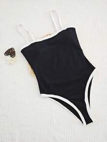 Women's Contrast Spaghetti Straps Modest Tummy Control One Piece Swimsuit For Summer Beach Outfit - Black - View 5