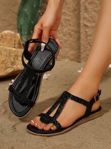 Wedge Sandals For Women With Round Toe,Glitter,Ankle Strap,Buckle - Black - View 4