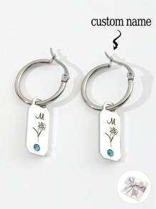 1Pair Personalized Engraved Initial Letter Birthstone Earrings With BirthFlower,Charm Engraved Name Month Birthflower Earrings,Custom Fashion Jewelry Gift For Women,Birthday Gift,Commemorative Gift