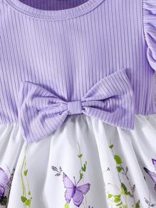 Baby Girl Summer Cap Sleeve Butterfly Print Bow Decor Waist Cute Dress - Purple - View 5