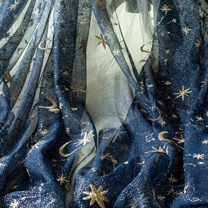 1pc Premium Gold Star & Moon Embroidered Mesh Fabric, Soft & Durable, Elegant & Shiny, Suitable For Wedding Dresses, DIY Home Decor, Tablecloths, Curtains, Sewing Apparel, 19.6/39.4/118/197 Inches Length, 59 Inches Width