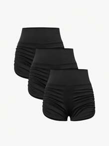 3-Piece Teen Girl Knitted Yoga Sports Shorts Set - High Waist Shorts (YY744) - Black - View 3