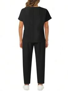 Plus Size Women's V-Neck Double Pockets Top With Elastic Waist Pants Uniform Set Scrub Set - Black - View 2