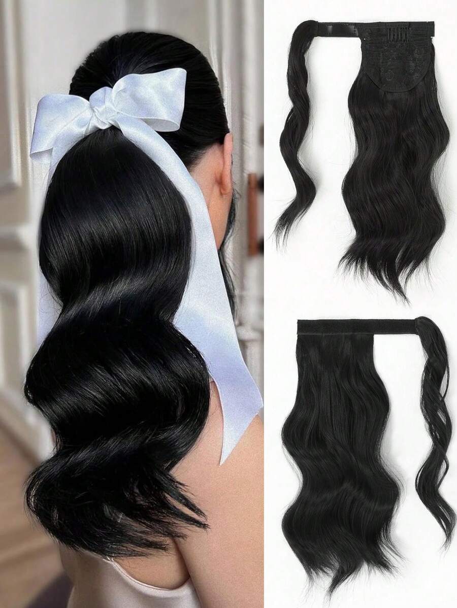 14-16 Inch Black Heat-Resistant Fiber Wavy Ponytail Hair Extension