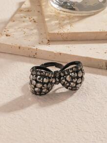 1pc Dark Gothic Rhinestone Bowknot Open Ring - Bright Black - View 3