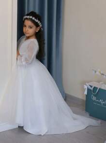 Tween Girls' Solid Color Lace Elegant Party Gown Dress With Train, Suitable For Prom, Banquet, Not Including Hair Accessories - White - View 5