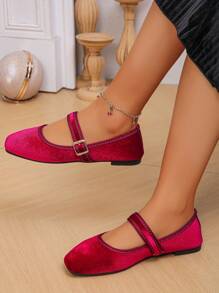 Cross-Border Women's Fashion Wide Fit Flat Shoes, Square Toe, Low Vamp, Wine Red Gold Velvet, Sweet One-Buckle, Suitable With Skirts, Spring/Autumn Season, Fit Size 35-43,Mary Jane,Ballet Flats - Burgundy - View 3