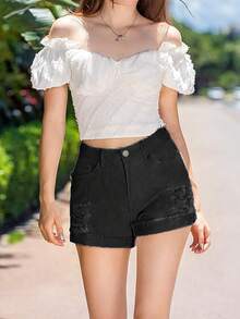 Women's Distressed Loose Retro Style Pocket Denim Shorts - Black - View 2
