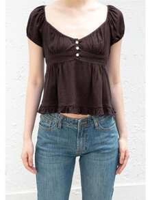 Women Lace Trim Scoop Neck Short Sleeve Button Shirts Fairycore Cute Lace Ruffle Babydoll Tee Tops Y2k Aesthetic Puff Sleeve Ruffled Low Cut Peplum T-Shirt Retro Party Clubwear Going Out Tops