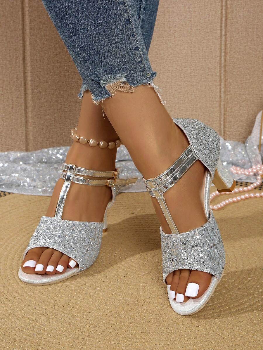 Neue 2025 Pailletten feine Sandpeeling-Oberfläche. Bequem. Offene Spitze. Modische Beach Party Damen High Heels. Silberne Absätze. Goldene Absätze. Schwarze High Heels - Silber - Übersicht 1