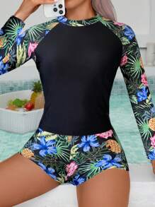 Tropical Print Stylish Tankini Swimwear Set With Long Sleeve - Black - View 1