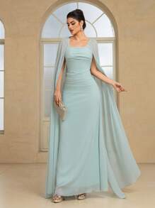 Women's Square Neck Solid Color Pleated Bust & Waist Supported Extra Long Sleeve Elegant Pleated Dress - Green - View 1